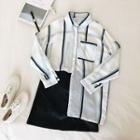 Color-block Striped Single-breasted Long-sleeve Blouse White - One Size