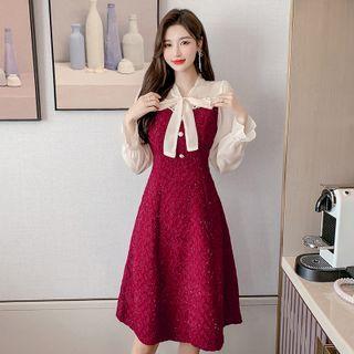Long-sleeve Tie-neck Sequined Midi A-line Dress