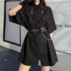 Short-sleeve Mini Shirtdress With Belt With Belt - Black - One Size