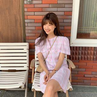Button-placket Plaid Shift Dress