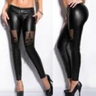 Mesh Insert Lace-up Faux Leather Leggings Black - One Size