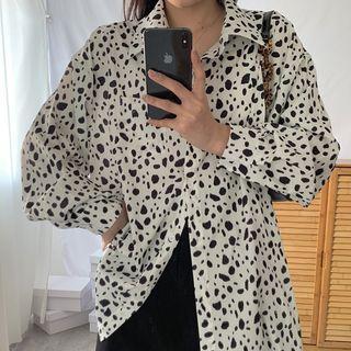 Long-sleeve Leopard Print Shirt / Mini Pencil Skirt