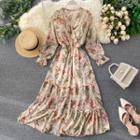 V-neck Elbow-sleeve Floral Print Midi A-line Dress