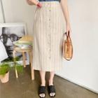 Buttoned Pinstriped Linen Blend Midi Skirt Beige - One Size
