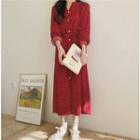 Long-sleeve Dotted Midi Chiffon Dress Red - One Size