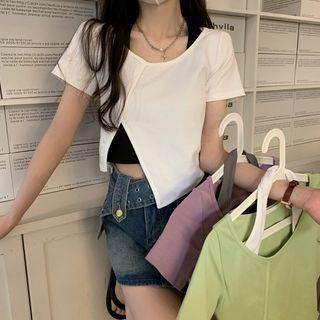 Asymmetrical Short-sleeve Slit Crop T-shirt