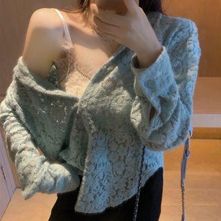 Set: Lace Trim Bralette + Lace Cardigan Set - Green - One Size