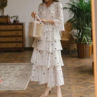 3/4-sleeve Star Pattern Tiered Midi Dress