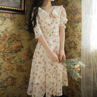 Elbow-sleeve Lace Trim Floral A-line Midi Dress
