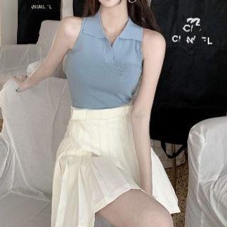 Collar Knit Tank Top / Pleated Mini A-line Skirt