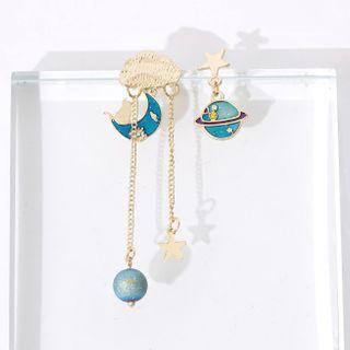 Non-matching Planet & Moon Dangle Earring 1 Pair - 925 Silver Needle - Blue & Gold - One Size