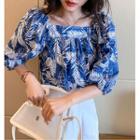 Leaf Print Elbow-sleeve Square-neck Cropped Blouse