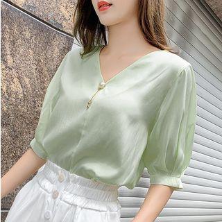 Faux Pearl V-neck Elbow-sleeve Blouse
