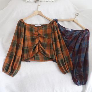 Plaid Long-sleeve Drawstring Top