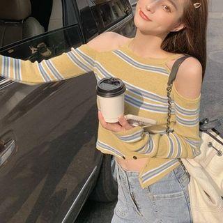 Striped Cold-shoulder Cropped Knit Top