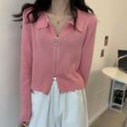 Long-sleeve Lapel Plain Zipper Cropped Knit Top