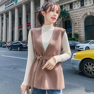 Set: V-neck Vest + Mock-neck Knit Top