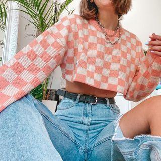 Long-sleeve Lattice Cropped Sweater