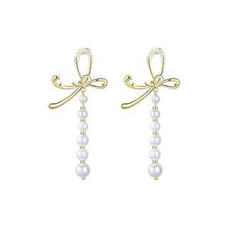 Bow Alloy Faux Pearl Dangle Earring 1 Pair - Dangle Earring - Silver Pin - Faux Pearl - Bow - Gold - One Size