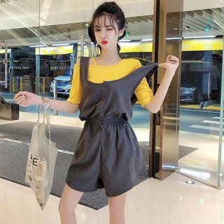 Set: Cold Shoulder Elbow-sleeve T-shirt + Wide-leg Jumper Shorts T-shirt & Jumper Shorts - One Size
