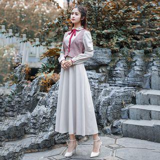 Collared Long-sleeve Midi A-line Dress / Plaid Vest / Set