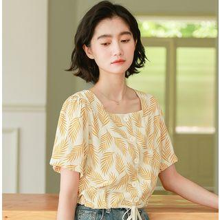 Leaf Print Square-neck Short-sleeve Blouse Yellow - One Size