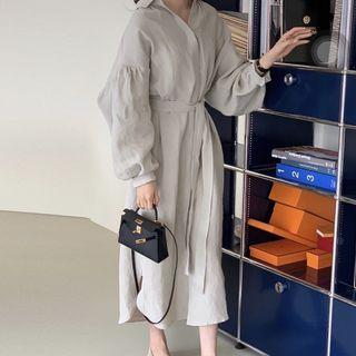Lantern Sleeve Drop Shoulder Plain Midi Shirtdress