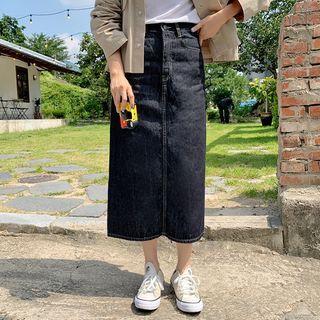 Zip-fly H-line Long Denim Skirt