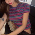 Color Block Striped Short-sleeve Cropped T-shirt As Shown In Figure - One Size