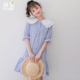 Bell-sleeve Collar Striped A-line Dress