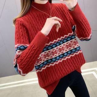 Semi Turtleneck Print Cable Knit Loose Fit Sweater
