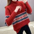 Semi Turtleneck Print Cable Knit Loose Fit Sweater