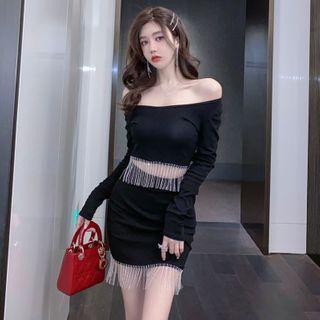 Fringed Off-shoulder Long-sleeve Mini Sheath Dress