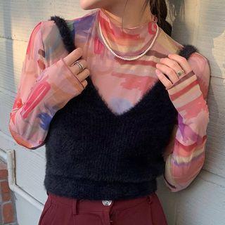 Printed Long-sleeve Top / Fluffy Camisole
