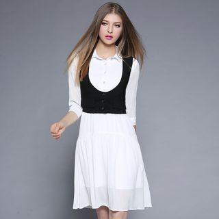 Set: Elbow Sleeve Shirtdress + Cropped Vest