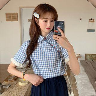 Short-sleeve Gingham Blouse / A-line Midi Skirt