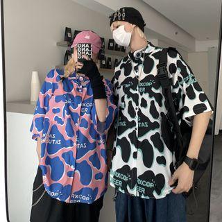 Elbow-sleeve Lettering Cow Print Shirt