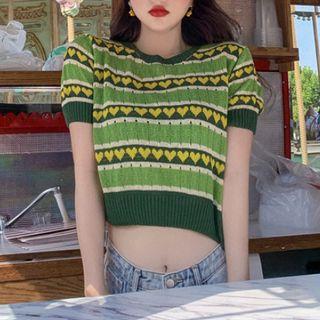 Heart Short-sleeve Crop Top Green - One Size