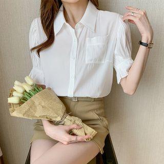 Lantern-sleeve Ruched Front Pocket Plain Shirt