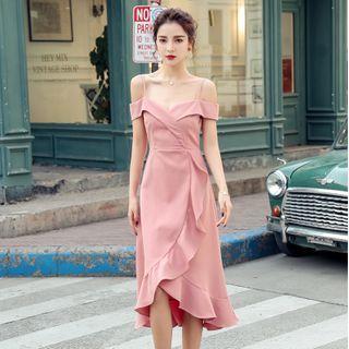 Cold Shoulder Frill Trim A-line Dress