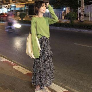 Set: Long-sleeve T-shirt + Midi Floral Layered Skirt