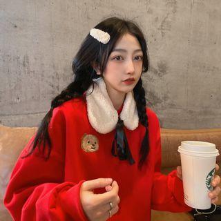 Furry-neck Bear Embroidered Sweatshirt