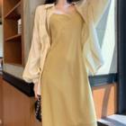 Long-sleeve Plain Shirt / Spaghetti Strap A-line Midi Dress