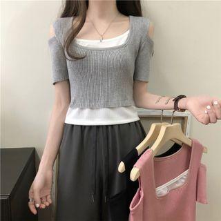 Short-sleeve Cutout Shoulder Mock Two Piece Knit Top