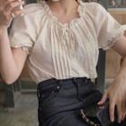 Puff Sleeve Frill Trim Lace-up Pleated Cropped Blouse