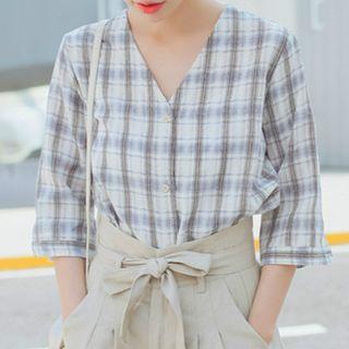 Plaid V-neck Elbow Sleeve Blouse