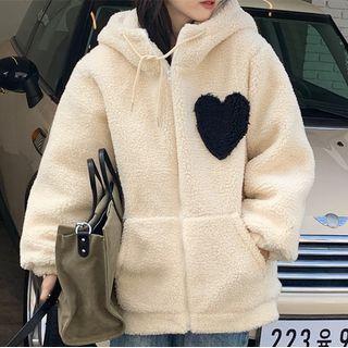 Heart Applique Faux Shearling Hooded Jacket