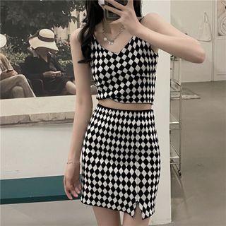 Set: Argyle Print Camisole Top + Pencil Skirt