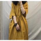 Elbow-sleeve Button-up Midi Shift Dress