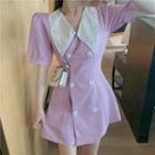 Contrast Collar Short-sleeve Button Mini A-line Dress